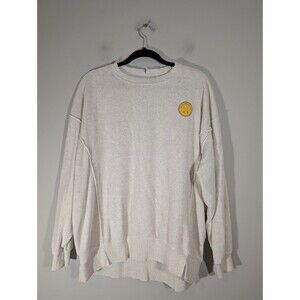 Aerie Womens Beige Smiley Face Chill Cozy Graphic Sweatshirt Sz S Relaxed Fit